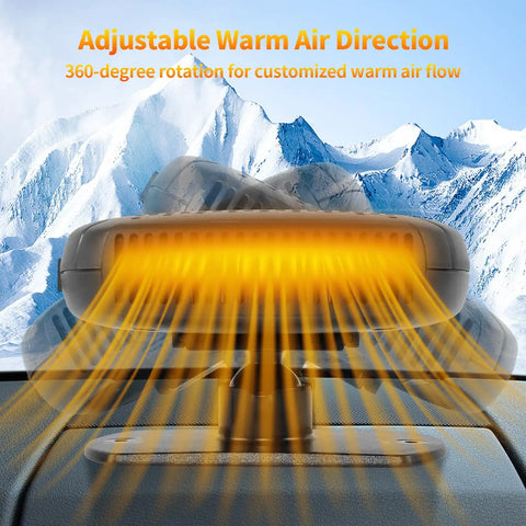 12V Portable Car Heater And Defroster Featuring Turbo 120W Fast Heating And Cooling, 360 Adjustable Airflow, Plug And Play Setup For Any Vehicle, Quick Defrost To Crush Frost So Your Drive Runs Smooth In Grey with warm air blowing out.