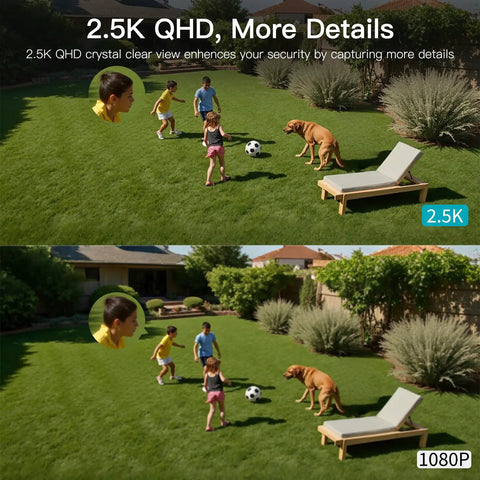 Comparison of 2.5K QHD and 1080P security camera footage showing children and dog playing in a backyard.