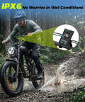 Powerful 1500W Fat Tire Electric Bike For Adults With 34 MPH Top Speed, navigating wet trail with LCD display inset