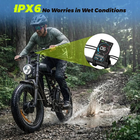 Powerful 1500W Fat Tire Electric Bike For Adults With 34 MPH Top Speed, navigating wet trail with LCD display inset