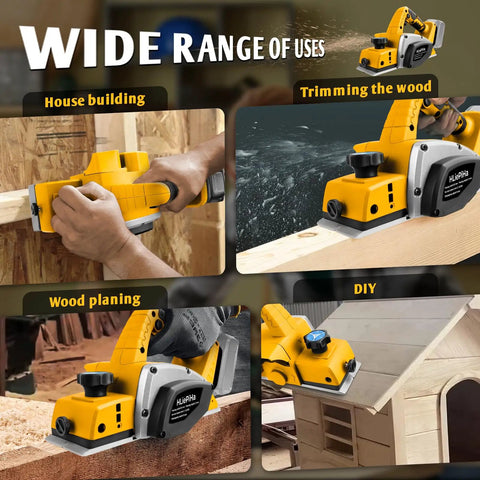 Knock Out Woodwork Projects With This Portable Cordless Handheld Planer featuring various uses like wood trimming and house building.