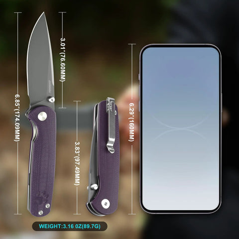 Trailpaw Folding Pocket Knife With 3.01 Inch D2 Blade And Purple G10 Handle One Hand Open EDC Built For Dog Walks And Light Outdoor Tasks Compact Everyday Carry Knife For Daily Adventures, side view