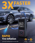 On The Go Cordless Tire Inflator Portable Air Compressor 150 PSI Auto Shutoff displayed with car, rapid inflation feature.