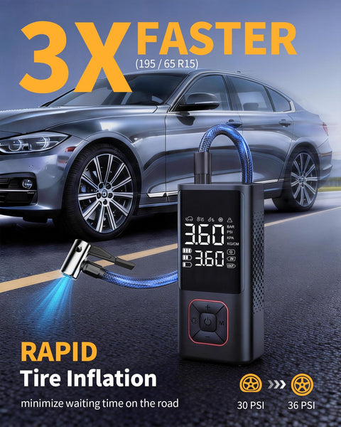 On The Go Cordless Tire Inflator Portable Air Compressor 150 PSI Auto Shutoff displayed with car, rapid inflation feature.
