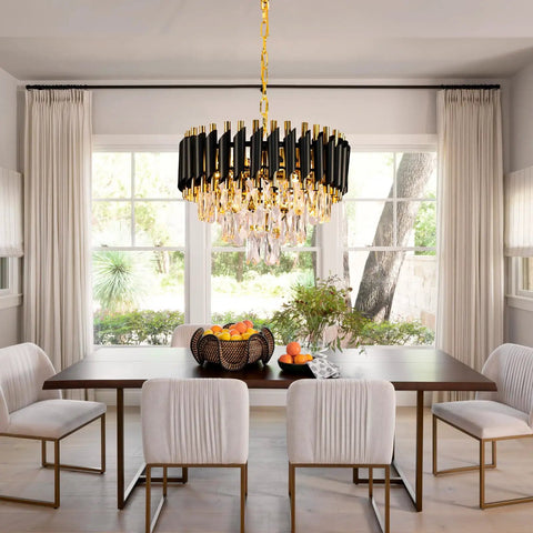 Dining room with Modern Crystal Chandelier in Black and Gold 16 Inch 3 Tier Round Pendant Light with windows in background