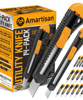 14 Piece Retractable Box Cutter Set With 18mm And 9mm Wide Blades For Boxes Cartons Cardboard Cutting Ideal Office And Home Utility Knives In Bright Yellow, displayed with packaging and multiple cutters