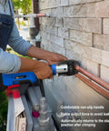 User operating No Fuss Heavy Duty 18V Cordless Hydraulic Copper Pipe Crimping Tool With Slick Brushless Motor for plumbing connections.