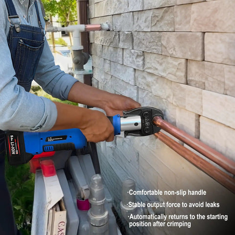 User operating No Fuss Heavy Duty 18V Cordless Hydraulic Copper Pipe Crimping Tool With Slick Brushless Motor for plumbing connections.