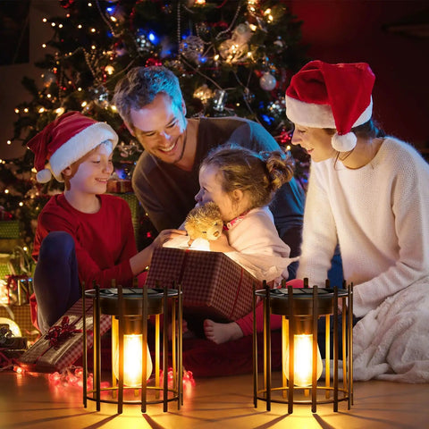 Family enjoying Christmas with Bright Solar Lanterns Outdoor Waterproof Hangable Lights With Auto On Off Upgraded Lit Warm LED