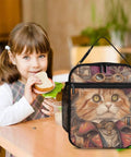 Girl eating sandwich next to lunch bag featuring cat design, Insulated Lunch Bag For Women With Side Pocket And Durable Zippers Keeps Food Fresh All Day