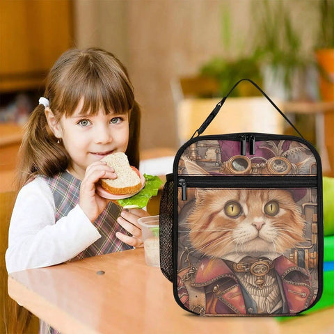 Girl eating sandwich next to lunch bag featuring cat design, Insulated Lunch Bag For Women With Side Pocket And Durable Zippers Keeps Food Fresh All Day