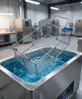 Heavy Duty Stainless Steel Cleaning Basket For Ultrasonic Cleaner Boss Level Wire Mesh Tray in water tank, ideal for delicate items.
