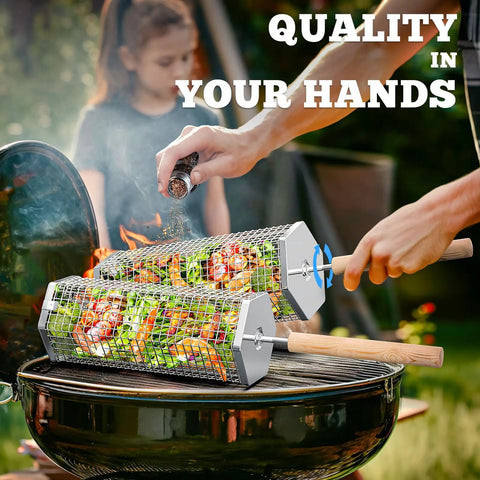 Rolling Grill Basket With Removable Beech Wood Handle 304 Stainless Steel Construction used on barbecue with vegetables