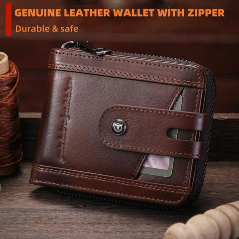 Genuine Leather Men's Wallet With Zipper, RFID Blocking, Vintage Vibe, Big Capacity, Coffee, Displaying Card Slot and Closure