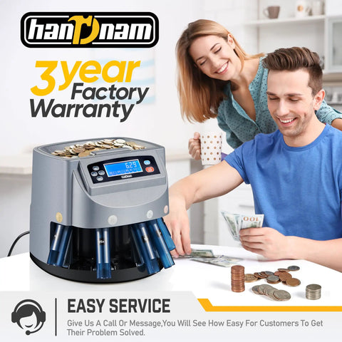 Super Fast Coin Counter Machine Electric Coin Sorter with LCD display in home setting, counting coins.