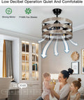 Living room with 20 Inch Bladeless Ceiling Fan With Lights Remote App Control, Modern Vintage Design, 6 Speeds, Reversible, Timing