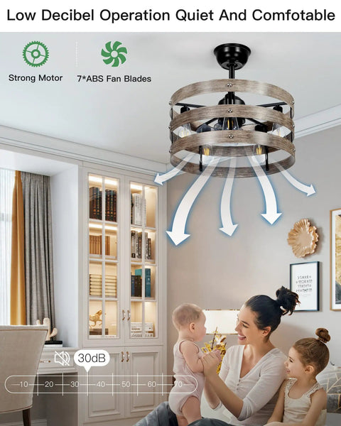Living room with 20 Inch Bladeless Ceiling Fan With Lights Remote App Control, Modern Vintage Design, 6 Speeds, Reversible, Timing
