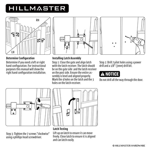 Installation guide for Heavy Duty Farm Flip Gate Latch Kit with steps and configurations for proper use.