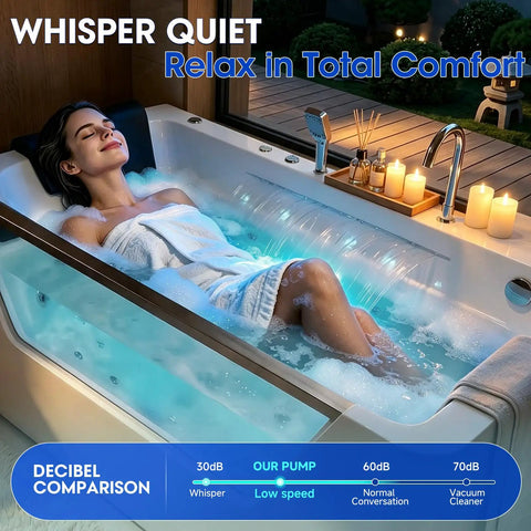 Woman relaxing in a hot tub with bubbles, using a Heavy Duty 1.0 HP Spa Pump With Kickin Jet Pressure And Smooth High Flow Operation For Hot Tubs Whirlpool Baths 110V 60Hz 750W Motor Replacement 1.5 Inch Port Solid Gear That Crushes The Grind.