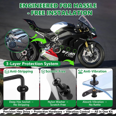Premium 304 Stainless Steel Black Motorcycle Fairing Bolt Kit M5 And M6 Hex Head Fasteners Corrosion Resistant Hardware installed on a Ducati Panigale.