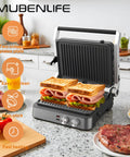 4 Slice Panini Press Contact Grill With Removable Non Stick Coated Plates Temperature Control Timer and Open 180 Degree Design For Cooking Sandwiches Steaks Sausages Quesadillas Half Black Stainless Steel Finish with sandwiches grilling.