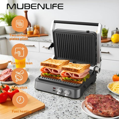 4 Slice Panini Press Contact Grill With Removable Non Stick Coated Plates Temperature Control Timer and Open 180 Degree Design For Cooking Sandwiches Steaks Sausages Quesadillas Half Black Stainless Steel Finish with sandwiches grilling.
