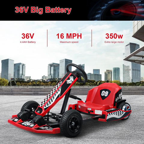 Electric Go Kart For Kids And Teens 36V Ride On Drift Kart With 350W Motor Up To 16 MPH Four Level Length Adjustment Red