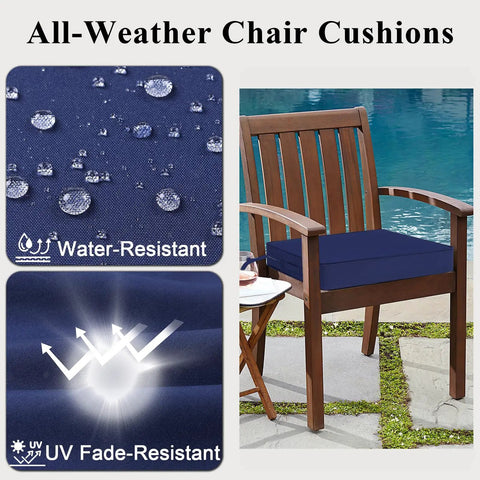 Blue Outdoor Chair Cushions Set Of 2 22x22x4 Waterproof Patio Cushions beside pool showing water resistance and UV fade resistance