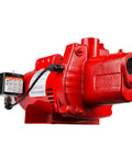 Heavy Duty Cast Iron Shallow Well Jet Pump With 3/4 HP Motor Pulling 16 GPM At 115 Or 230 Volt side view with red finish