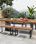 Outdoor patio dining set with wooden table and benches featuring Beefy Heavy Duty Adjustable Metal Table Legs Set Of 2 16 Inch Trapezoid Bench Legs For Coffee Tables Black Finish Supports Up To 800 Pounds Replacement Legs With Smooth Welds And Scratch Resistant Coating.