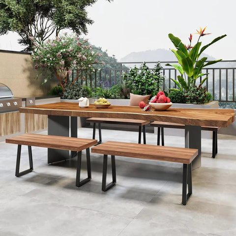 Outdoor patio dining set with wooden table and benches featuring Beefy Heavy Duty Adjustable Metal Table Legs Set Of 2 16 Inch Trapezoid Bench Legs For Coffee Tables Black Finish Supports Up To 800 Pounds Replacement Legs With Smooth Welds And Scratch Resistant Coating.