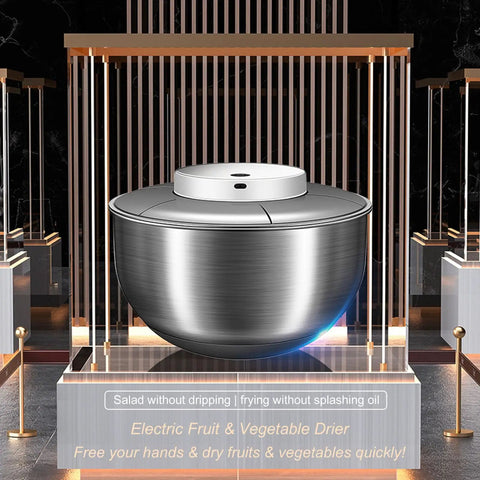 Kickass Electric Salad Spinner With Slick Usb Rechargeable Motor Stainless Steel Bowl For Crispy Greens And Fresh Fruit Hassle Free Cordless Kitchen Game Changer You Will Love placed on a display with a sleek design.