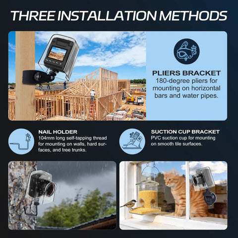 Outdoor Time Lapse Camera With WiFi 4K Timelapse Video Capture For Construction Plant Growth City Traffic Nature And Weather Records 110 Degree Viewing Angle Six Month Battery Life Includes TF Card, installation methods photo showing pliers bracket, nail holder, and suction cup mount options for camera.