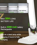 Rechargeable Dimmable Touch Light Bar With Three Color Temperatures 3000K 4000K 5000K showing battery life and charging dock