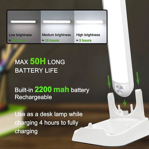 Rechargeable Dimmable Touch Light Bar With Three Color Temperatures 3000K 4000K 5000K showing battery life and charging dock