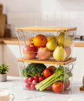 Stackable Pantry Organizers With Bamboo Lids And Clear Bins For Fruits And Vegetables Extra Large Capacity, 11x7x7 inches.