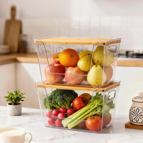 Stackable Pantry Organizers With Bamboo Lids And Clear Bins For Fruits And Vegetables Extra Large Capacity, 11x7x7 inches.