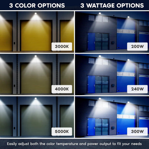 Top Shelf Outdoor LED Flood Lights 200W To 300W Adjustable Wattage color options showcasing 3000K, 4000K, and 5000K temperatures.