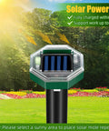 Close-up of Solar Mole Repellent Stake in garden; charges under sun; features include solar power, 4-hour charge, 96-hour use
