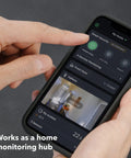 Smartphone displaying Indoor WiFi Security Camera with 1080p HD Video, 180 Degree Field Of View, Clear Night Vision features.