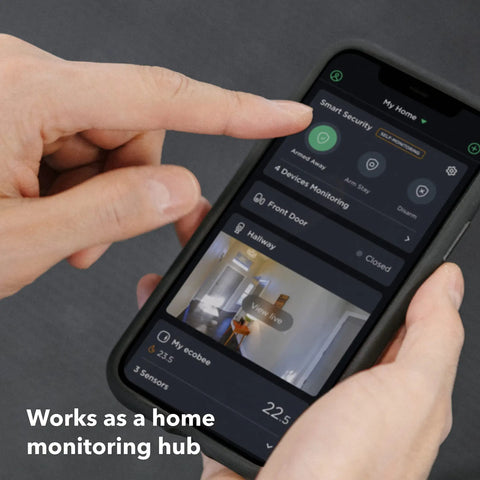 Smartphone displaying Indoor WiFi Security Camera with 1080p HD Video, 180 Degree Field Of View, Clear Night Vision features.
