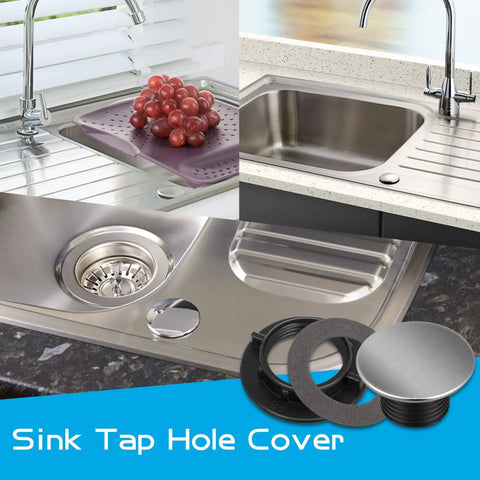 Brushed Stainless Steel Faucet Hole Cover For Kitchen Sink shown with stainless steel sink and accessories