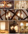 Collage featuring 90 Plus CRI LED Candelabra Bulbs E12 Dimmable 2700K Soft Warm White 4W 450LM Flame Tip CA10 in various fixtures.