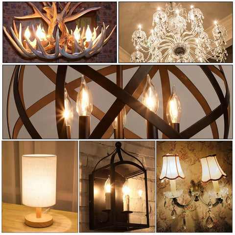 Collage featuring 90 Plus CRI LED Candelabra Bulbs E12 Dimmable 2700K Soft Warm White 4W 450LM Flame Tip CA10 in various fixtures.
