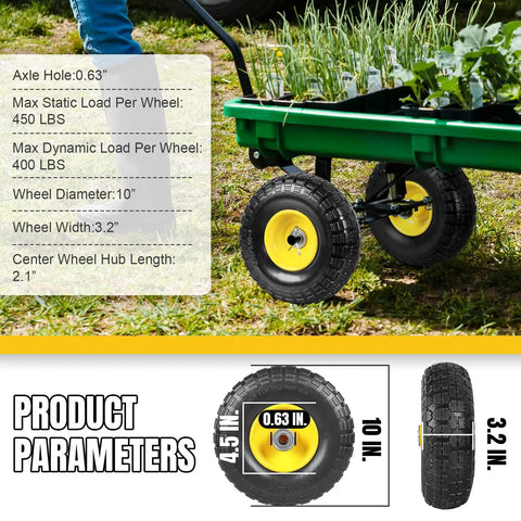 10 Inch Solid Rubber Dolly Wheel Set With Flat Free 4.10 To 3.50-4 Tires, 5/8 Inch Bearings on green garden cart
