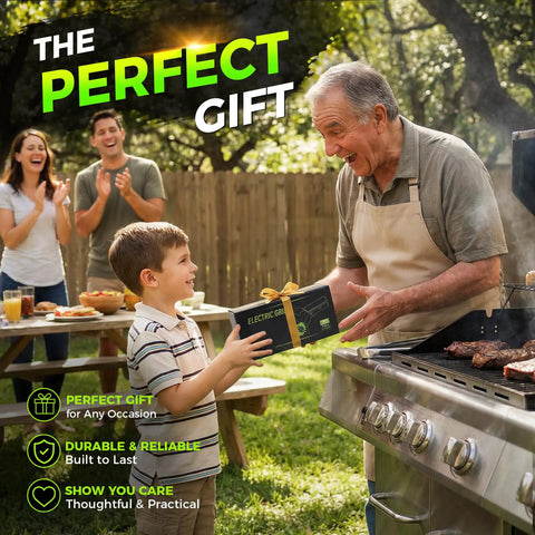 Boy handing gift-wrapped Cordless USB Rechargeable Grill Brush to elderly man by barbecue.