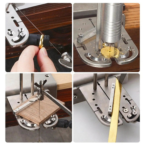 Stainless Steel Bench Vise For Jewelry Making And Metalworking holds a gold piece while cutting and shaping materials.