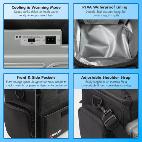 Portable Thermoelectric Cooler Warmer Bag 14 Liters with PEVA waterproof lining, cooling mode, and adjustable shoulder strap.