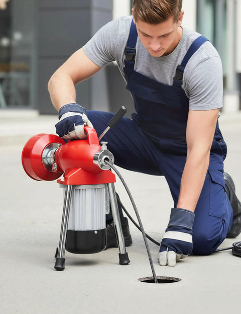 Man using Heavy Duty 500W Electric Pipe Auger Drain Cleaner With Auto Feed Setup And Dual Coils for clogged drain.