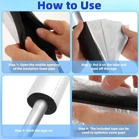 Step-by-step guide applying Eight Pack Foam Pipe Insulation With Aluminum Foil For Outdoor Spigots And Water Lines Self Adhesive Neoprene Tube Wrap Pre Slit Three Quarters Inch Inner Diameter Winter Freeze Protection